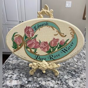 EUC CAST IRON TABLETOP EASEL IN DISTRESSED CREAM AND AN OVAL SIGN SHABBY CHIC